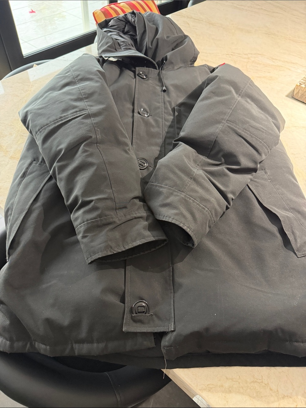 Moncler Black Hooded Puffer Coat with Sleeve Logo